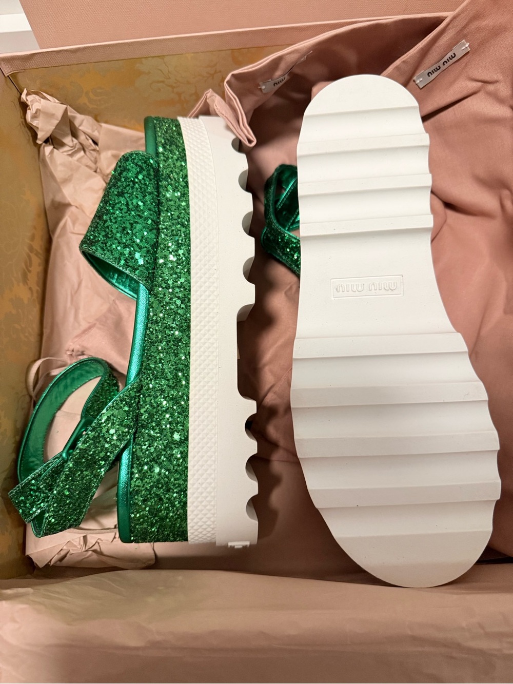 Miu Miu Emerald Green Glitter Platform Sandals - Picture 3 of 6